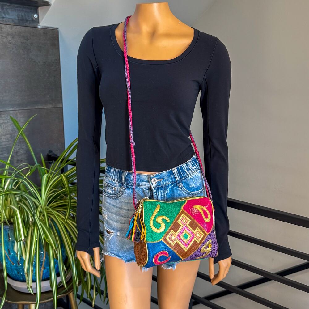 VTG 80s NAS Bag Alention Ld Patchwork Crossbody Exotic Reptile Tassel Maximalist - Picture 4 of 16